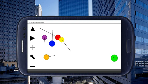 Physics Sketchpad on an Android phone, showing objects and force vectors